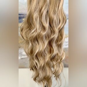HAIR, 25” Long Wavy Layers, Center Part Bangs Ombre Med Brown/Blonde
